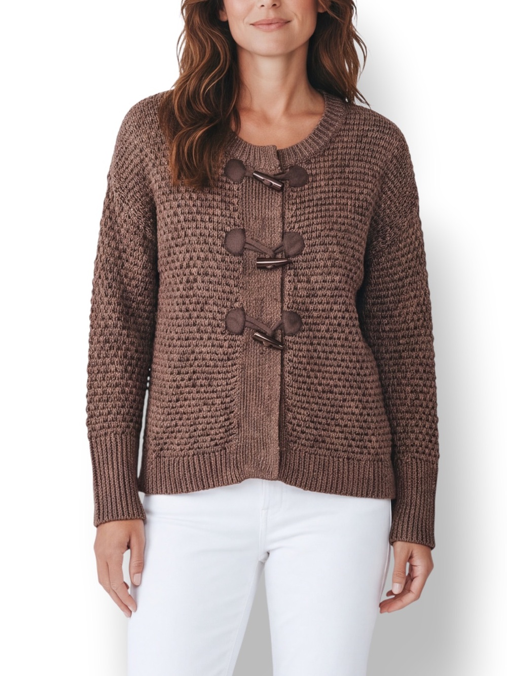 4/$20 Caslon Brown Marled Toggle Front Cotton Knit Cardigan Sweater Small